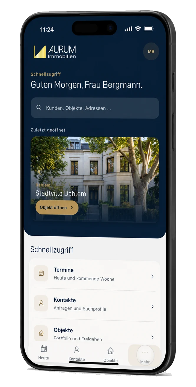 AURUM Makler-App, Ansicht „Schnellzugriff“: Suchfeld, das zuletzt geöffnete Objekt als großes Bild und eine Liste mit Terminen, Kontakten und Objekten