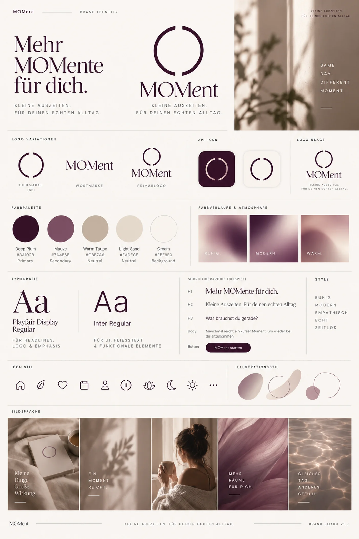MOMent Brand Board mit Logovarianten, App-Icon, Farbpalette, Farbverläufen, Schrifthierarchie, Icon- und Illustrationsstil sowie Bildsprache