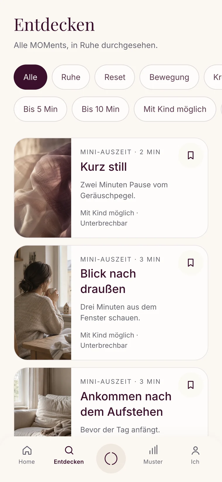 Ansicht „Entdecken“: alle MOMente mit Kategorie- und Zeitfiltern sowie Karten mit Dauer, Titel und Hinweisen wie „Mit Kind möglich“