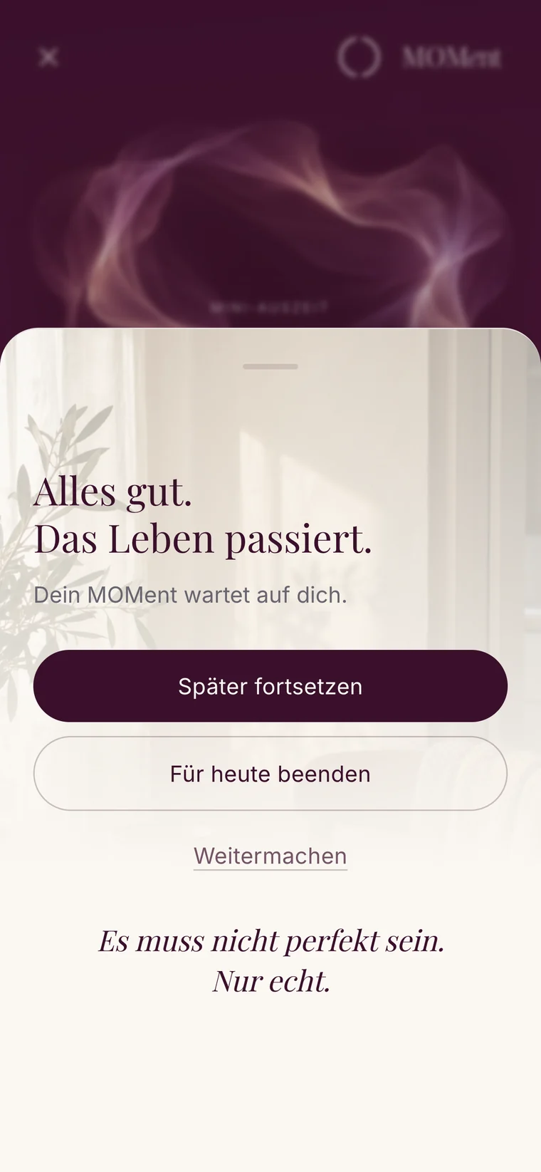 Unterbrechungsansicht: „Alles gut. Das Leben passiert.“ mit den Möglichkeiten Später fortsetzen, Für heute beenden und Weitermachen