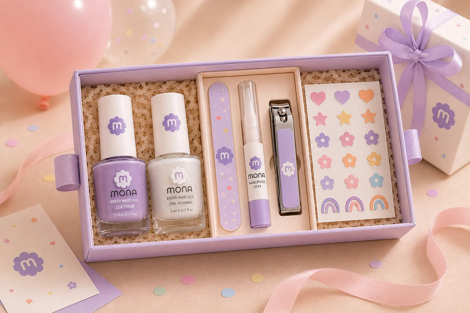 MONA Geschenkset in einer fliederfarbenen Schachtel mit zwei Flakons, Nagelfeile, Nagelknipser und einem Stickerbogen