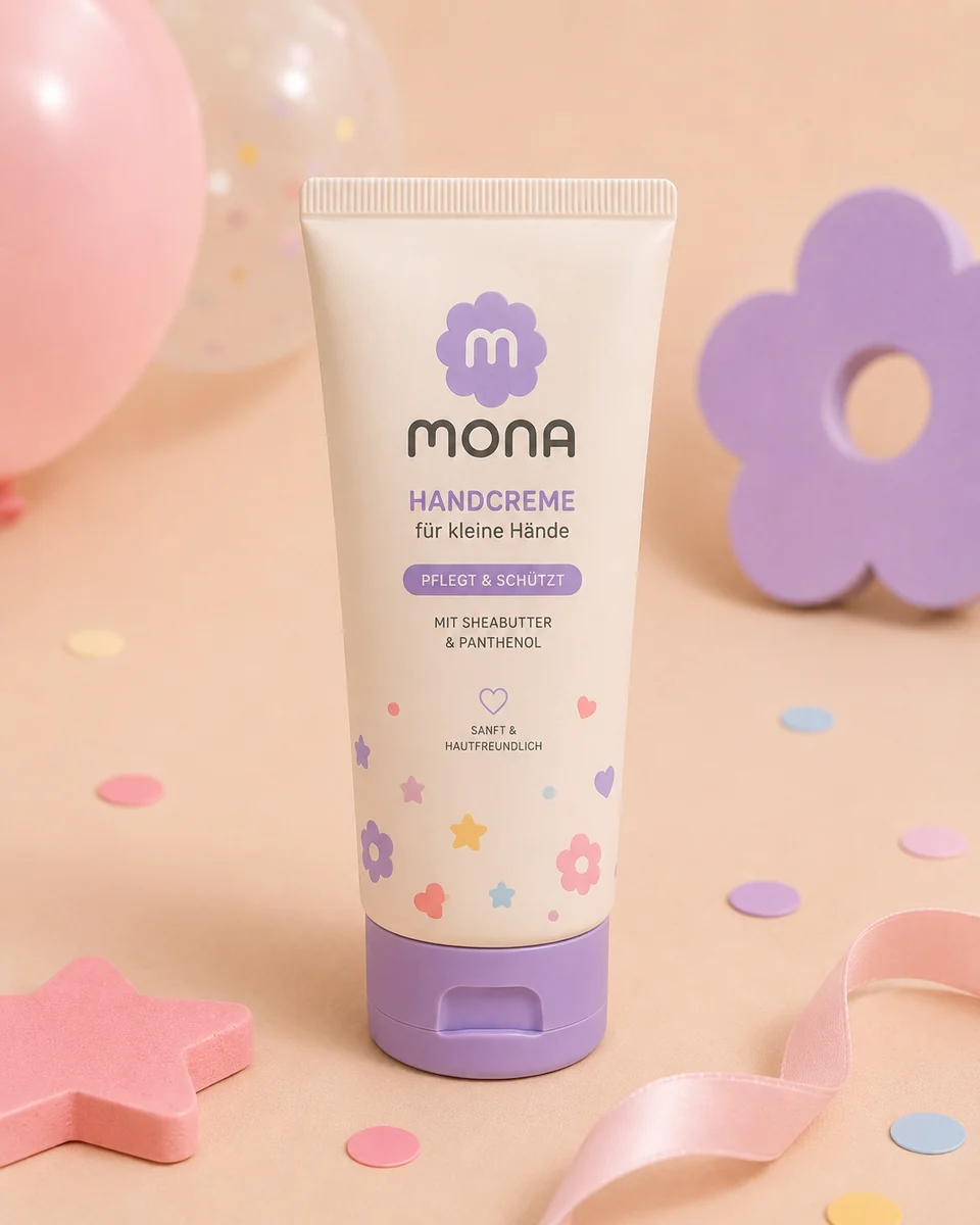 MONA Handcreme in einer cremefarbenen Tube mit fliederfarbener Verschlusskappe, daneben Konfetti und eine Blütenform