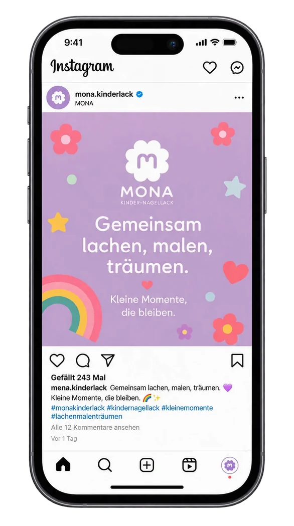 Beitrag im Feed auf dem Telefon: die Zeile „Gemeinsam lachen, malen, träumen.“ mit Bildmarke, Regenbogen und Herzen