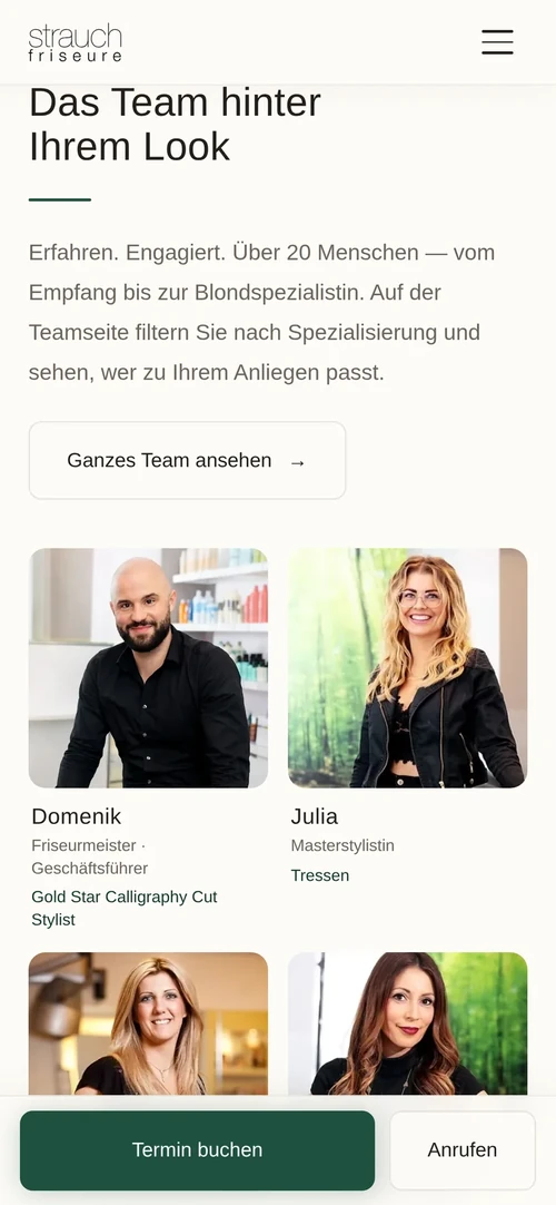 Team auf dem Telefon: Porträtkacheln mit Name und Spezialisierung untereinander