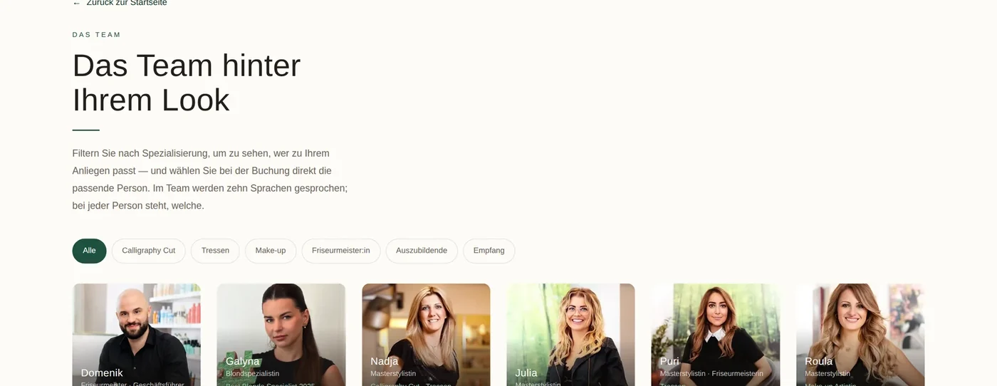 Teamseite des Redesigns: Überschrift „Das Team hinter Ihrem Look“, darunter eine Filterleiste und die erste Reihe der Porträtkacheln