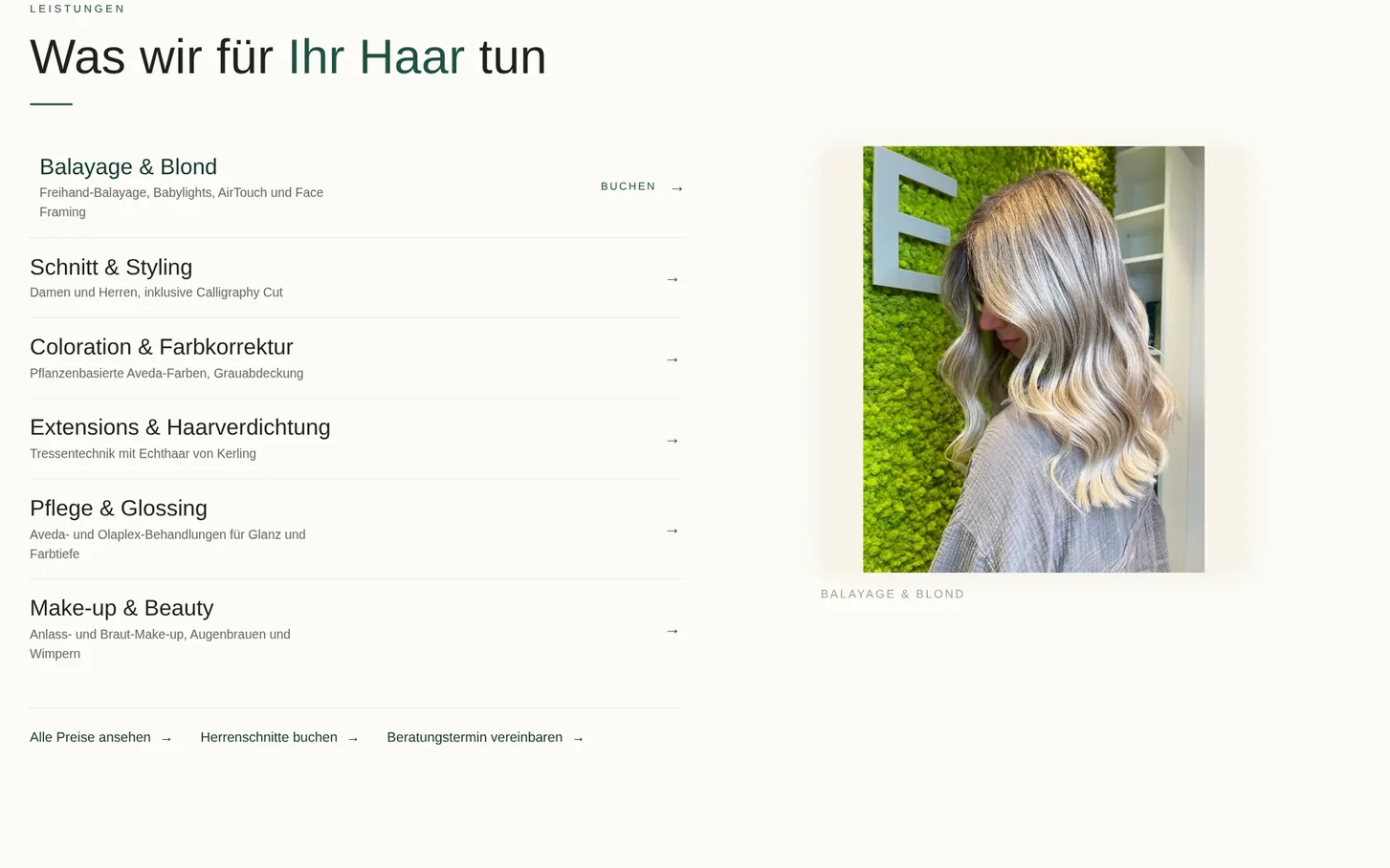 Leistungsabschnitt des Redesigns: sechs Leistungen untereinander mit Untertitel und Pfeil, rechts daneben ein Bild einer Balayage-Arbeit