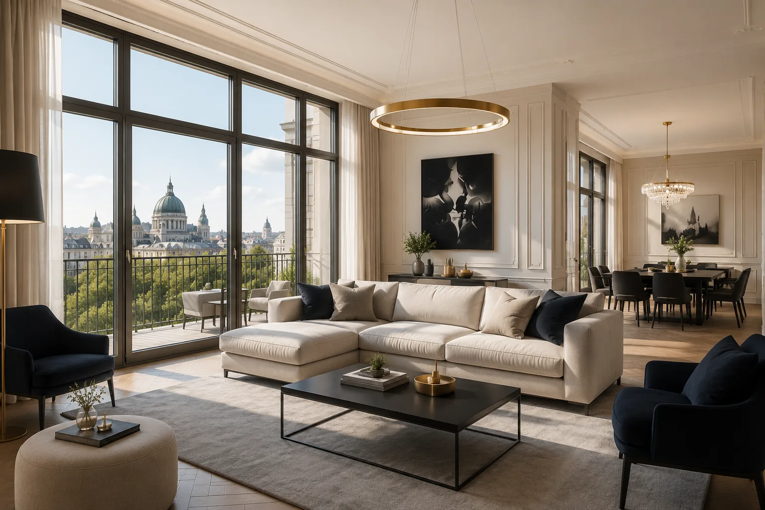 Großzügiges, hochwertig eingerichtetes Wohnzimmer mit Blick über Berlin