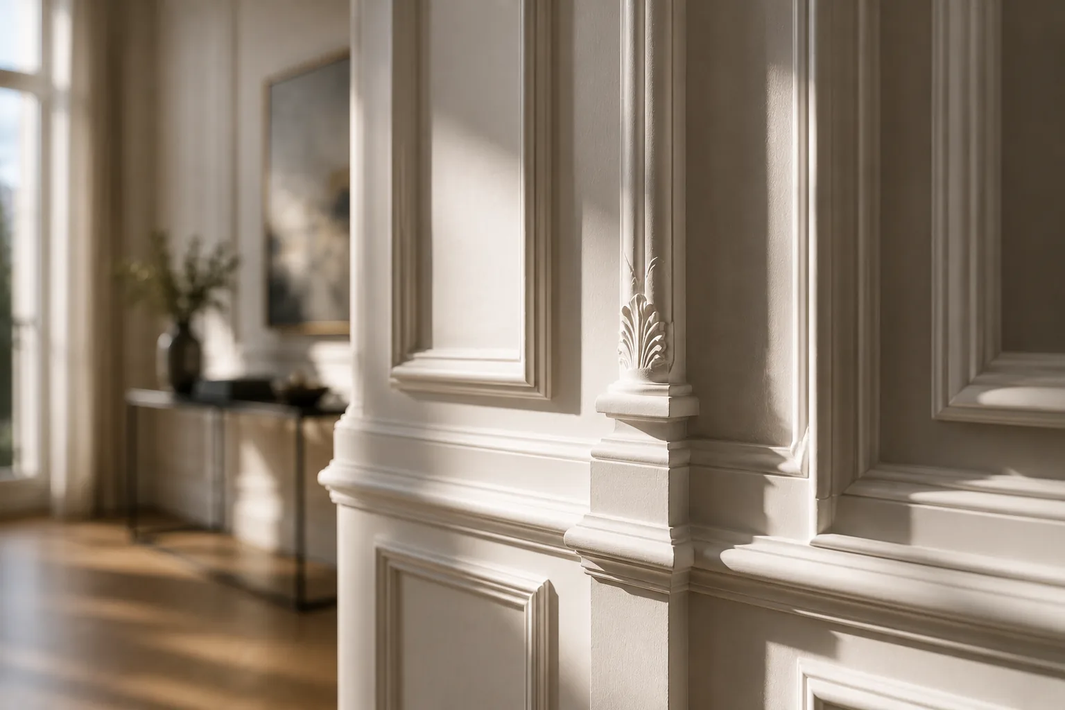 Detailaufnahme einer stuckverzierten Altbau-Wandvertäfelung im warmen Tageslicht