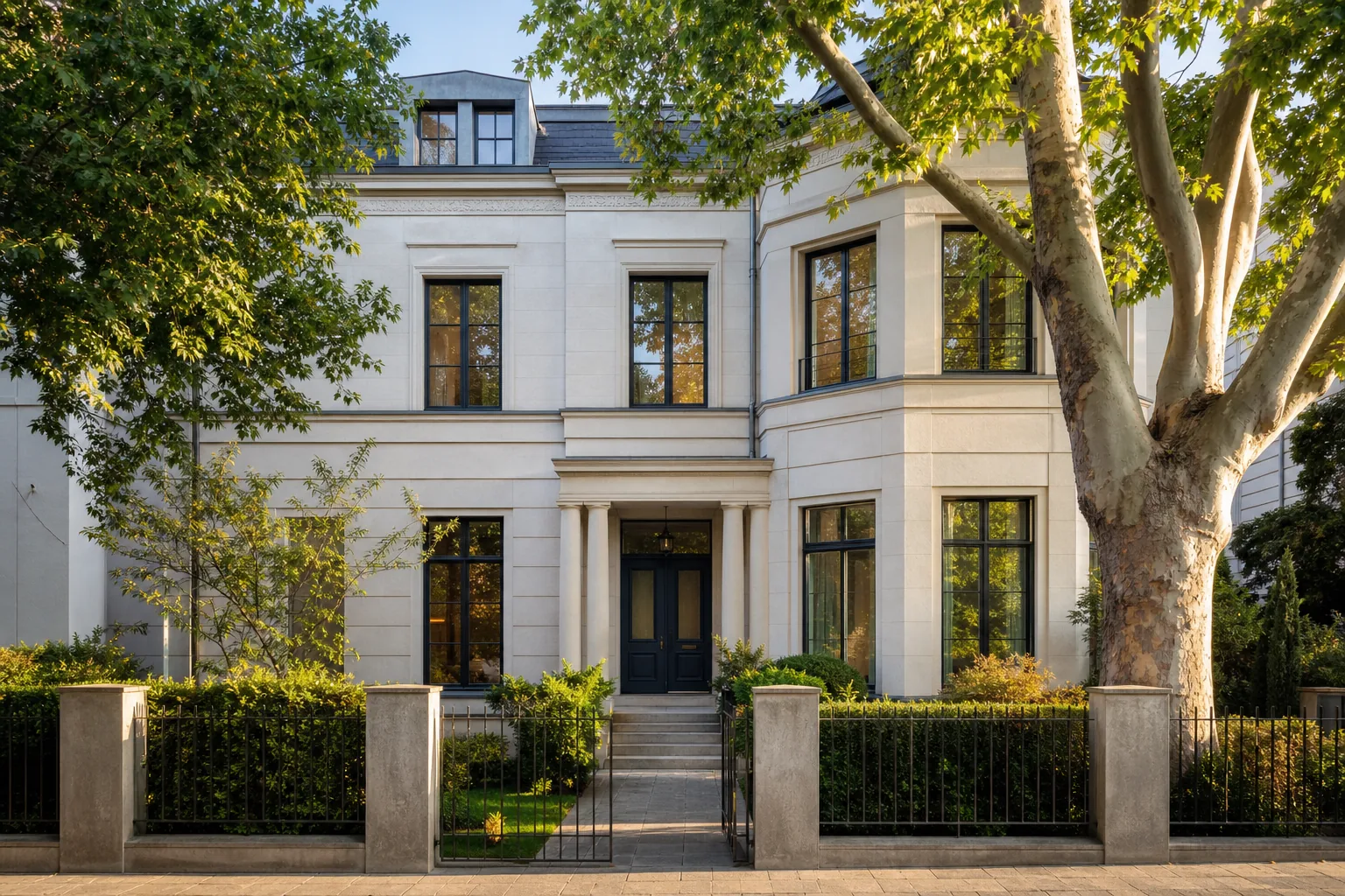 Klassische Stadtvilla mit heller Steinfassade hinter altem Baumbestand