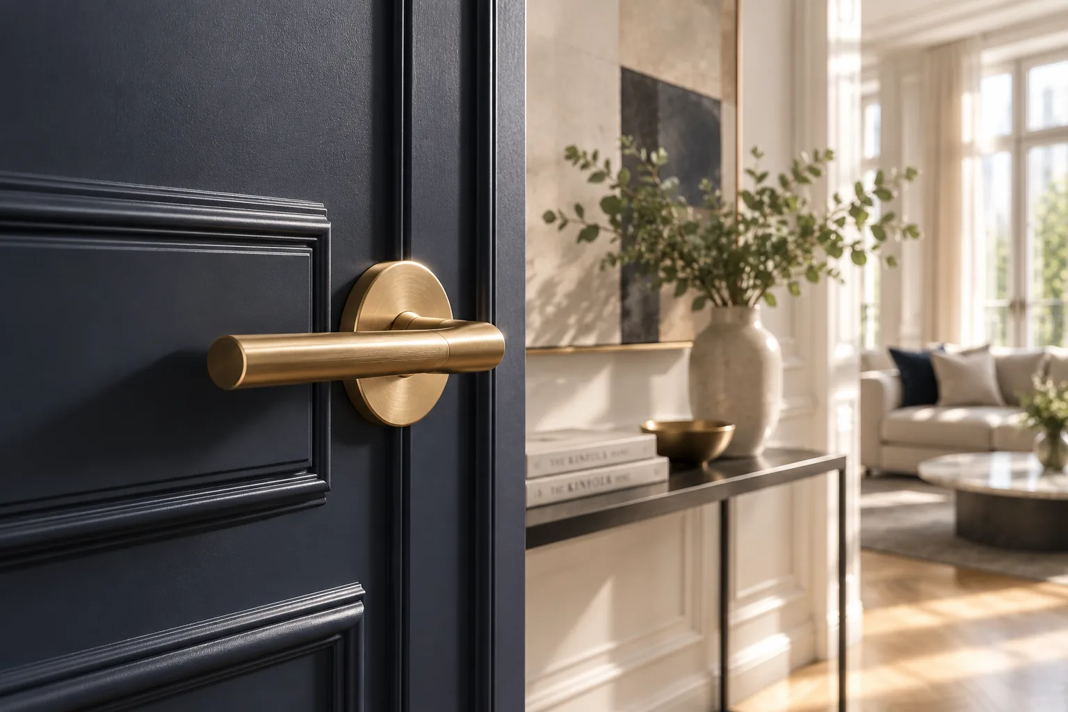 Dunkelblaue Altbautür mit goldenem Griff, dahinter ein heller Wohnraum